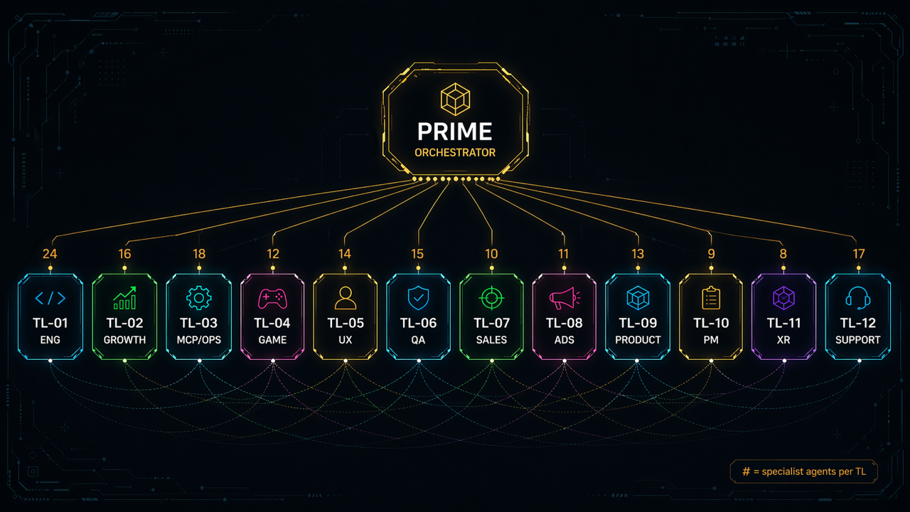 Prime orchestrator above 12 Team Leads with specialist ABot counts per Team Lead